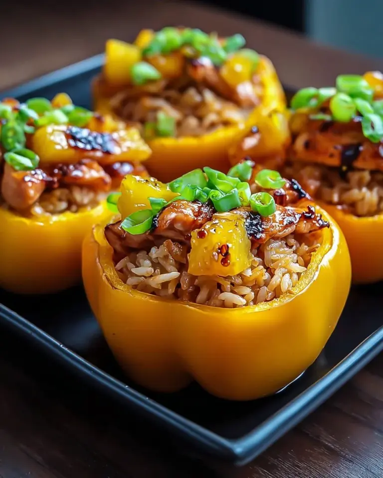 Teriyaki pineapple chicken rice stuffed peppers served on a plate