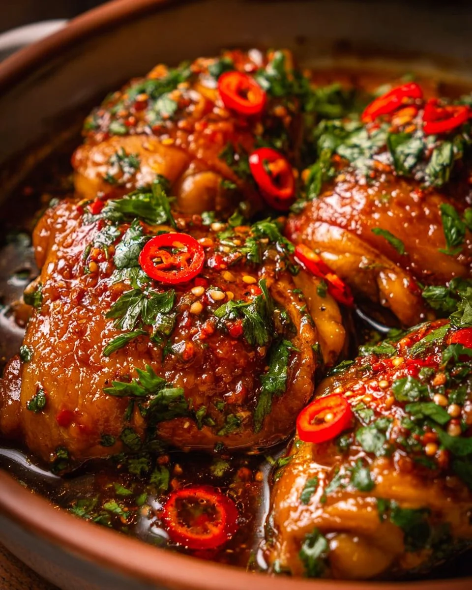 Delicious Thai Sweet Chili Chicken thighs served with fresh herbs