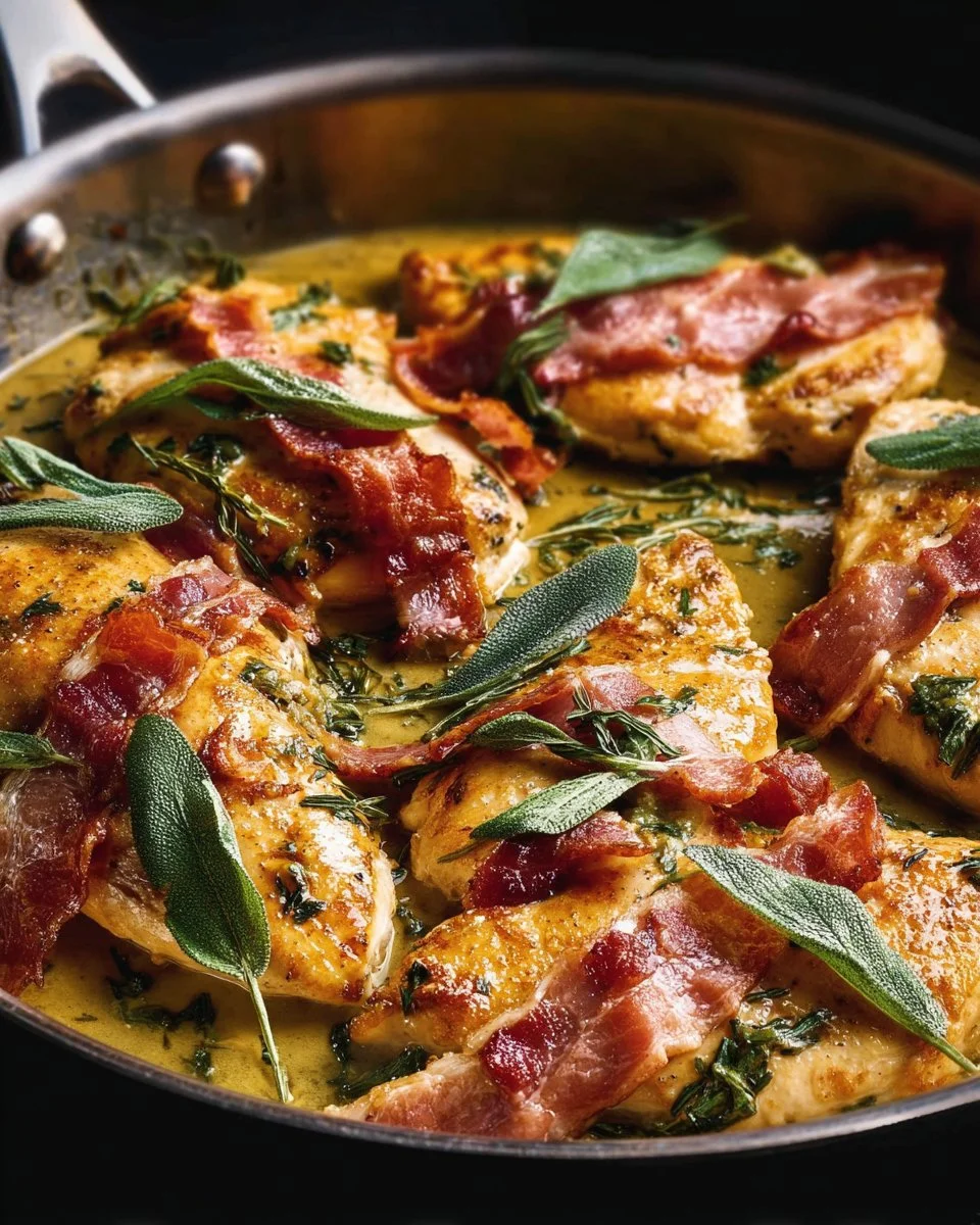 Delicious chicken saltimbocca served with prosciutto and sage sauce