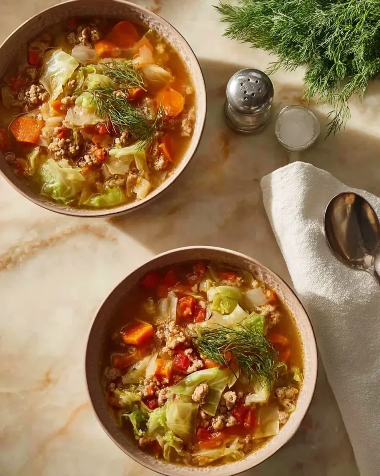 A bowl of traditional stuffed cabbage soup with ground turkey and fresh herbs.