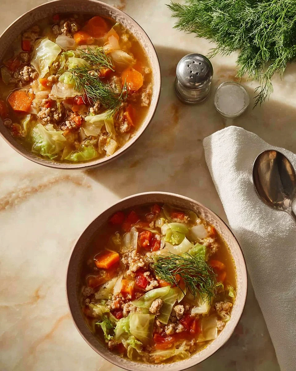 A bowl of traditional stuffed cabbage soup with ground turkey and fresh herbs.