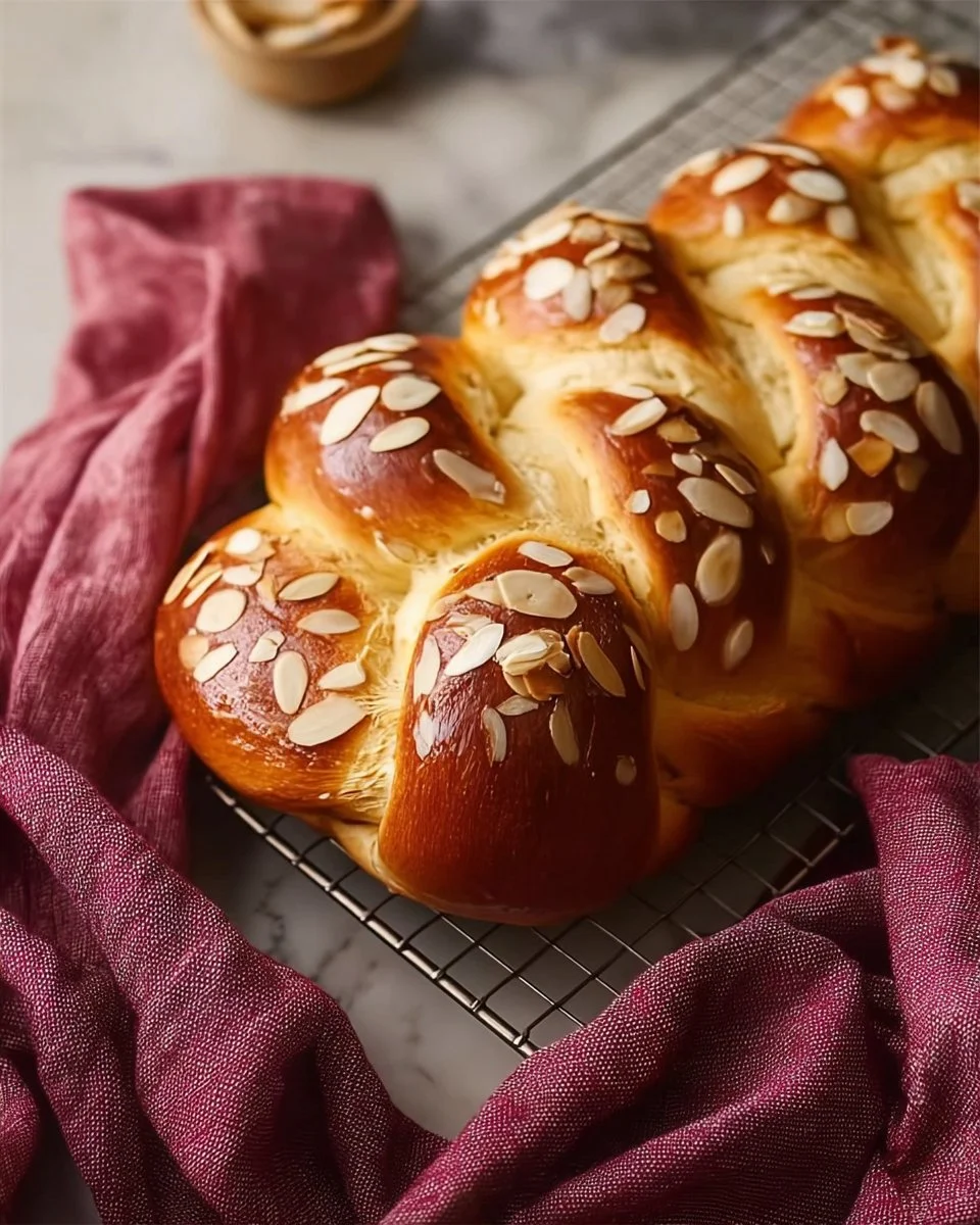 Baked Tsoureki, a traditional Greek sweet bread, served on a plate.