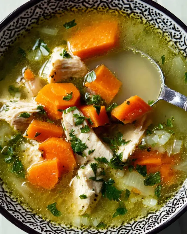 Bowl of hearty Turkey Rice Soup with vegetables and herbs