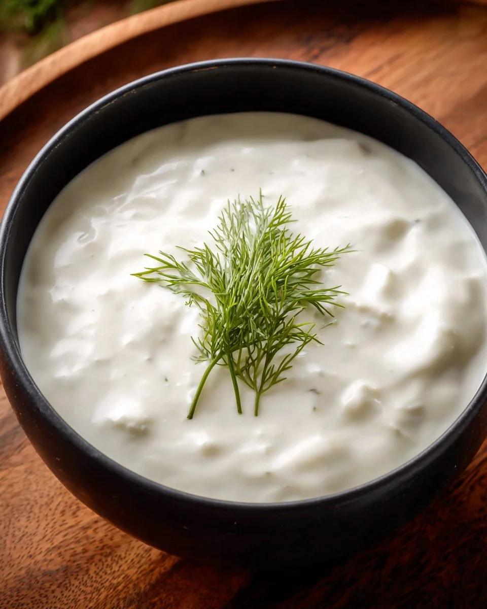 A bowl of creamy tzatziki dip garnished with fresh herbs and cucumber slices.