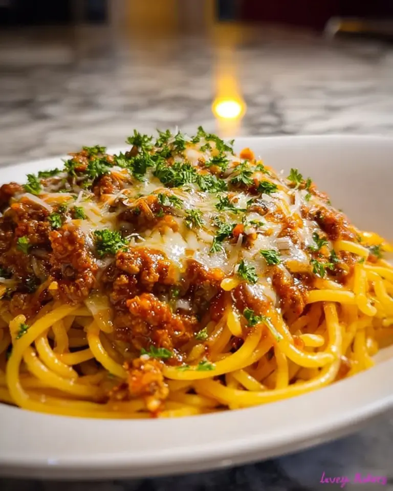 A delicious plate of Velveeta linguine topped with savory beef marinara sauce.