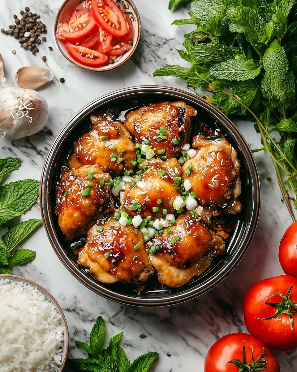 Delicious Vietnamese lemongrass chicken dish garnished with fresh herbs.