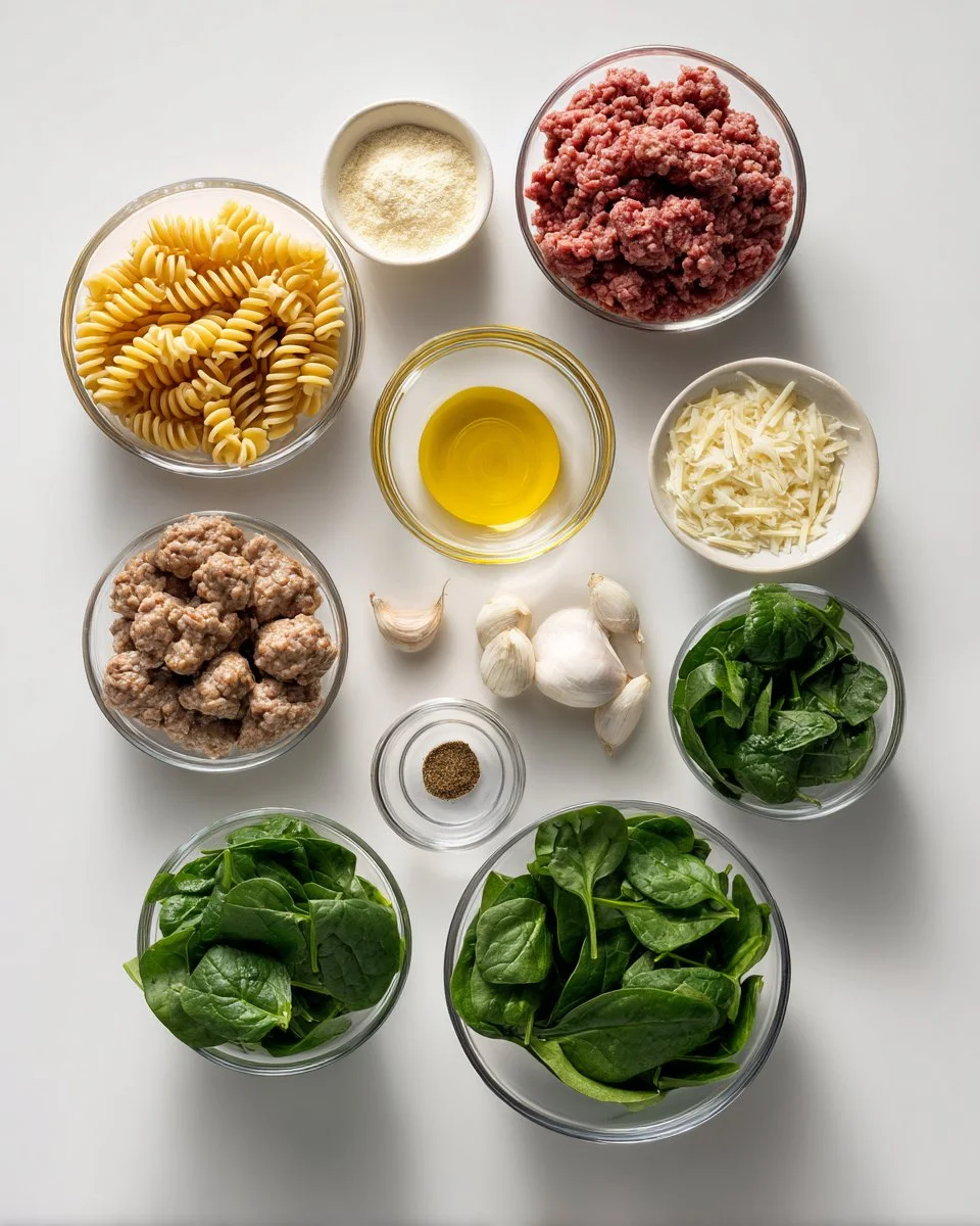Weeknight Garlic Butter Rotini With Beef, Italian Sausage And Spinach