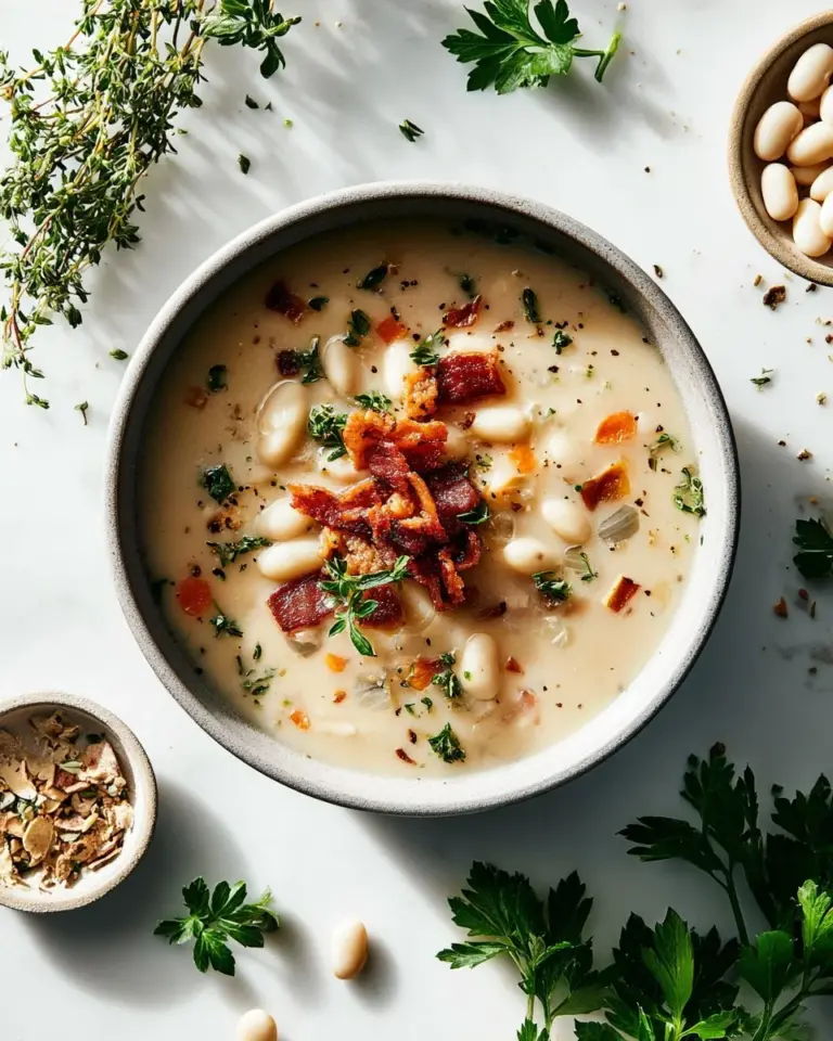 Bowl of white bean soup with crispy bacon garnished with fresh herbs