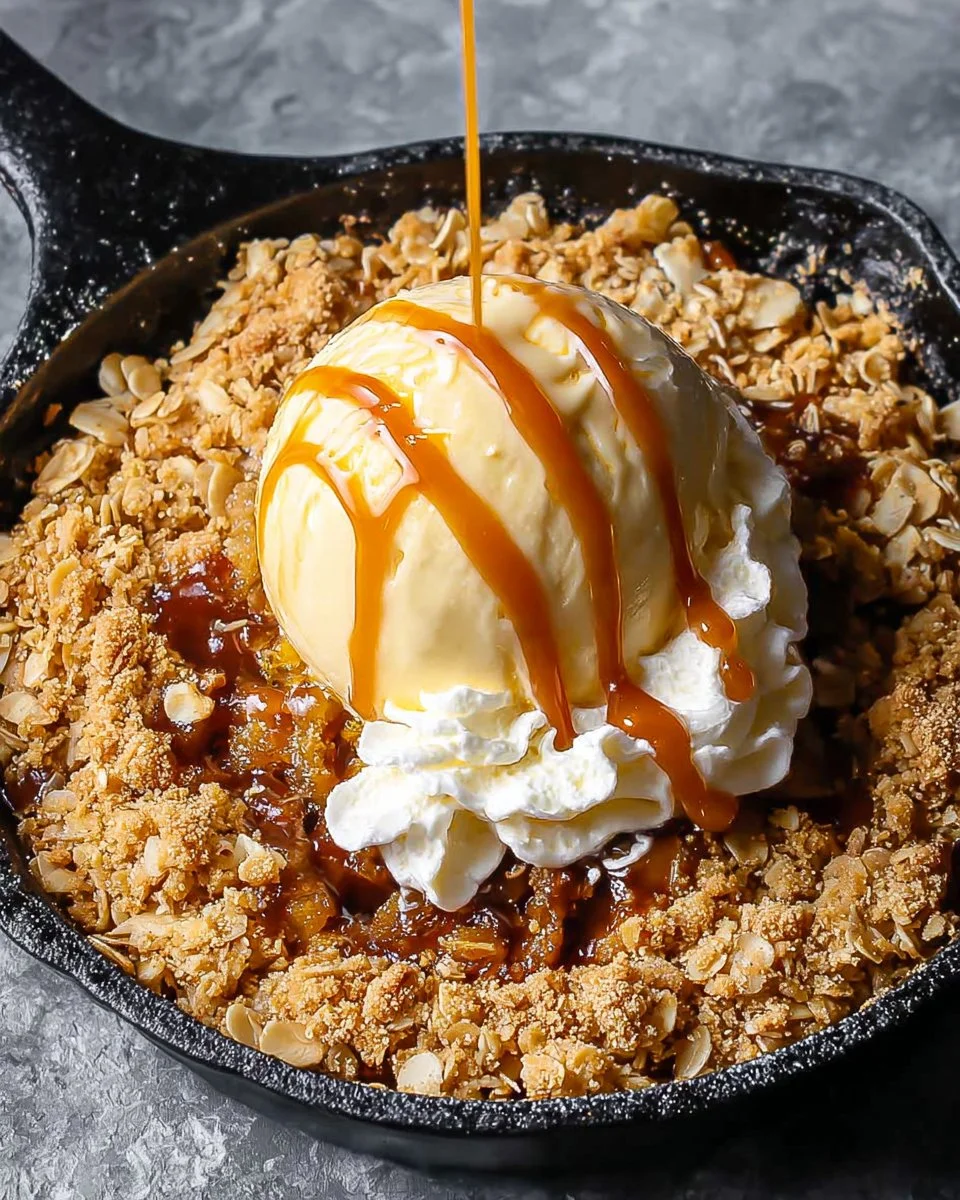 Air Fryer Apple Crisp dessert served in a bowl with a scoop of ice cream.