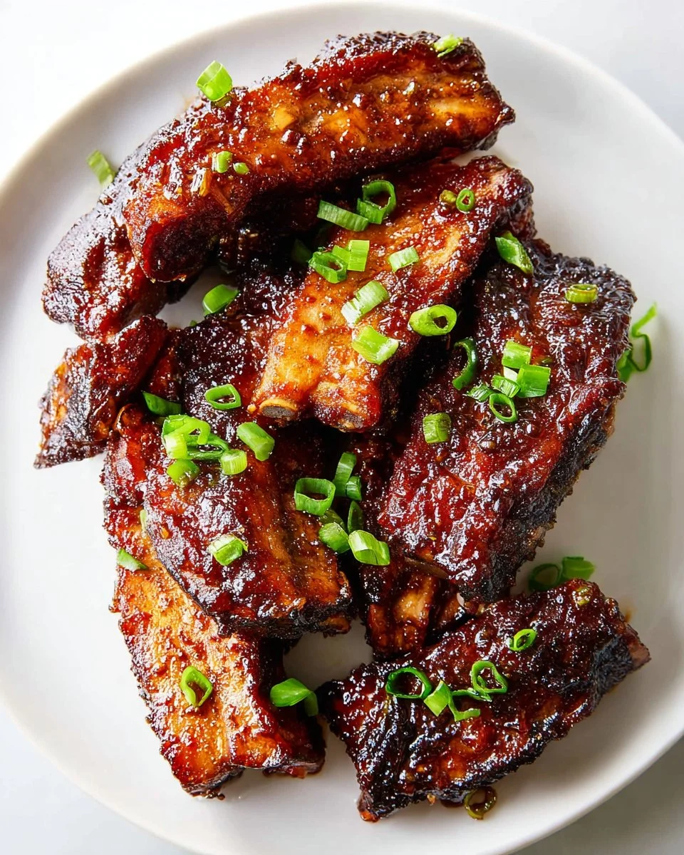 Air Fryer Country Style Ribs served on a plate with herbs and sauce.