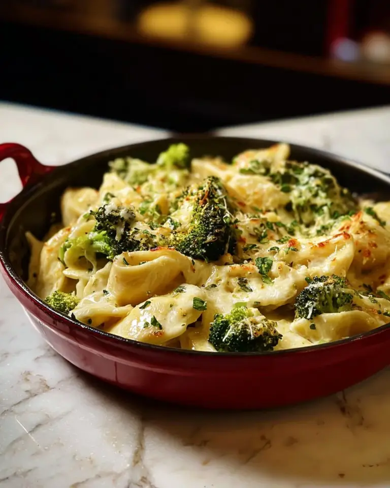Delicious Alfredo Chicken Broccoli Skillet Lasagna in a skillet