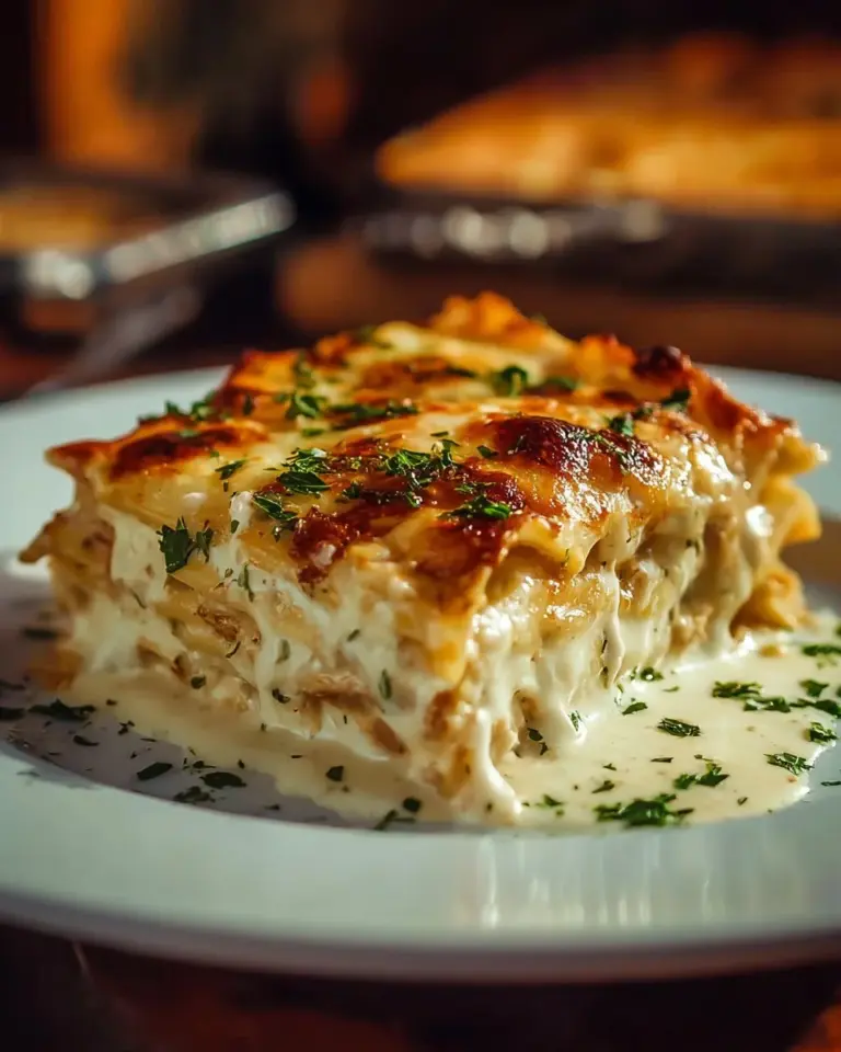 Delicious Alfredo Chicken Lasagna served in a baking dish with cheese and herbs