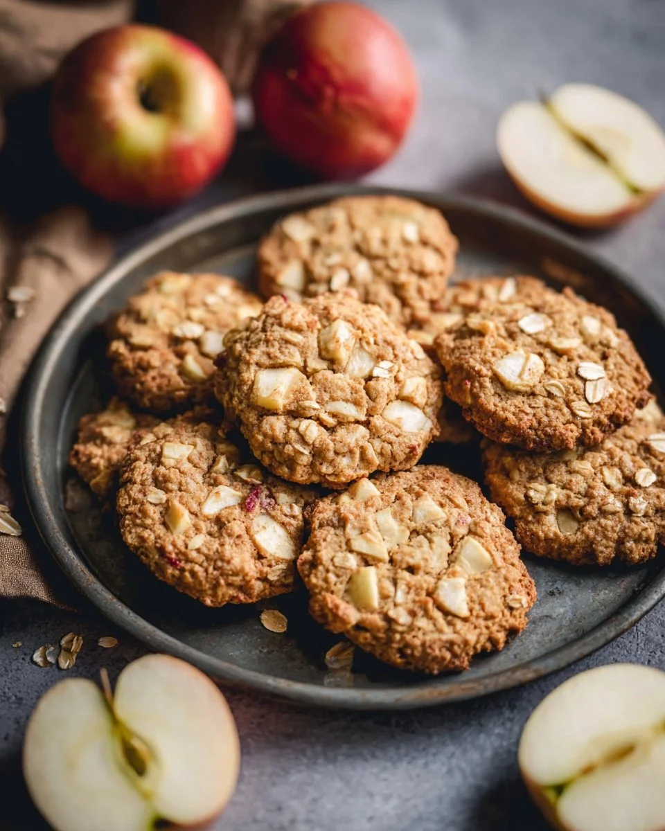 Delicious apple cinnamon oatmeal cookies on a wooden plate