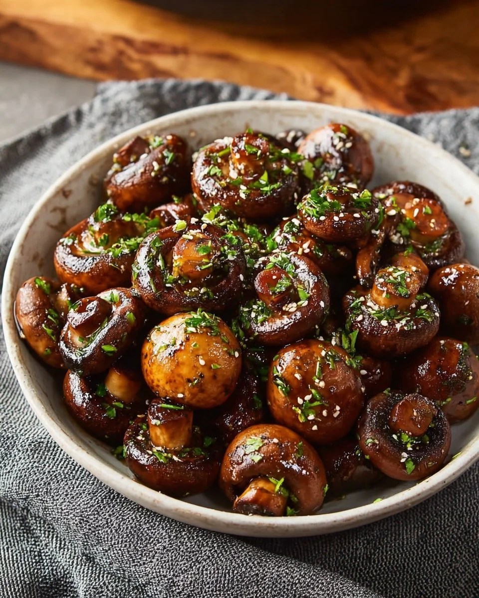 Balsamic soy roasted garlic mushrooms arranged on a plate