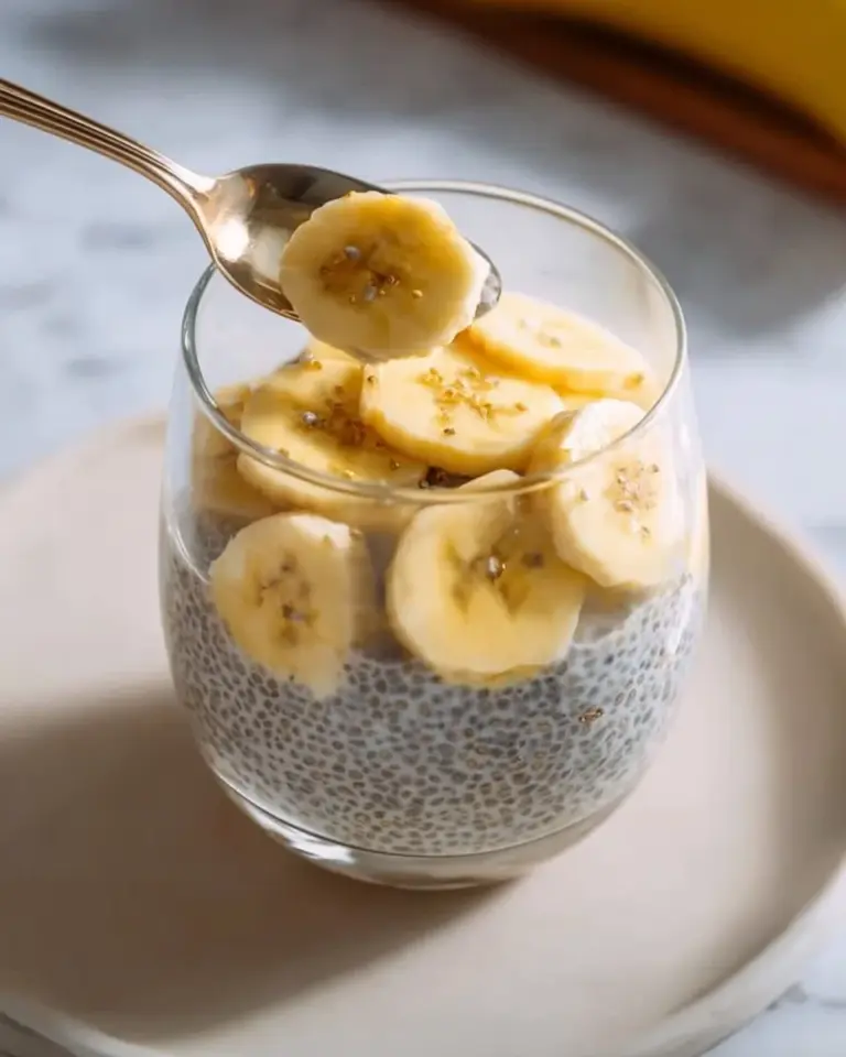 A bowl of banana chia pudding topped with fresh banana slices and chia seeds.