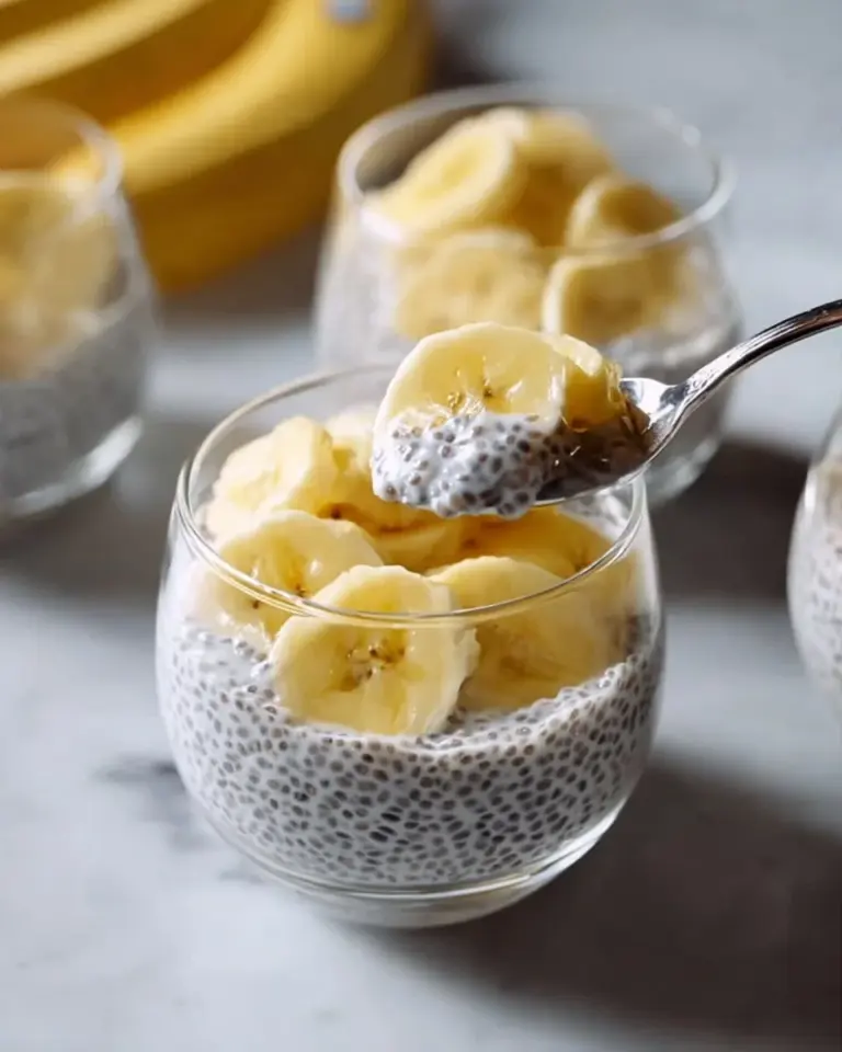 Delicious Banana Chia Seed Pudding topped with fresh banana slices