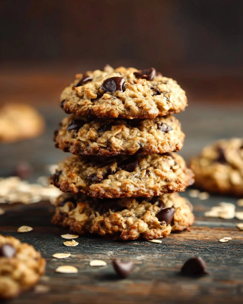 Freshly baked banana oatmeal chocolate chip cookies on a cooling rack.