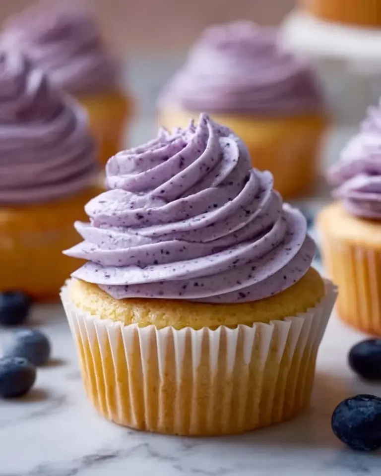 Blueberry cream cheese frosting on a homemade cupcake
