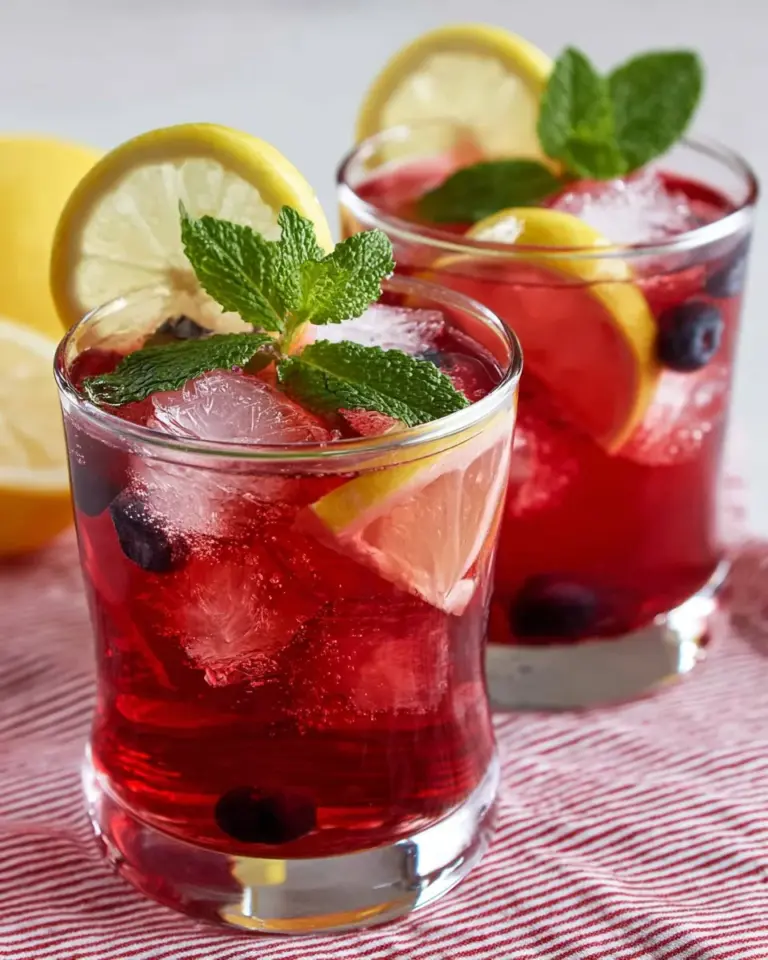 Glass of refreshing blueberry iced tea with fresh blueberries and ice cubes
