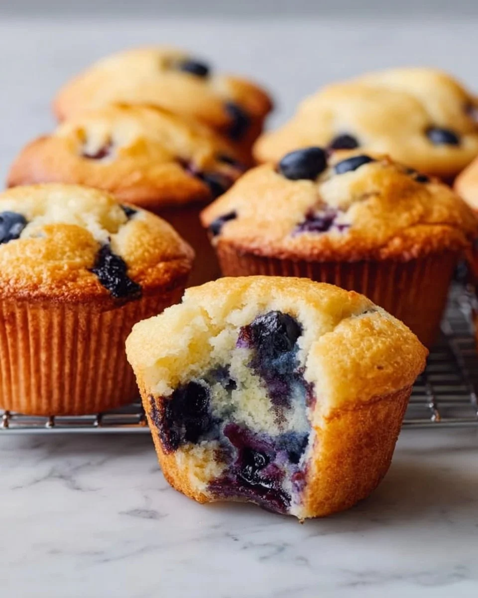 Blueberry muffins with sour cream baked to perfection, showcasing vibrant blueberries.