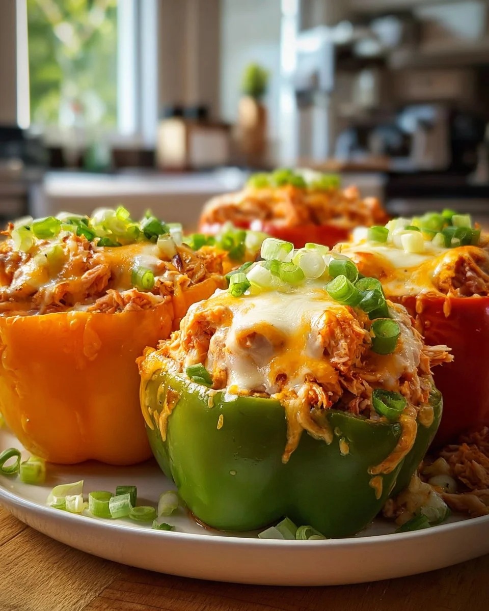 Buffalo chicken stuffed peppers topped with melted cheese and garnished.