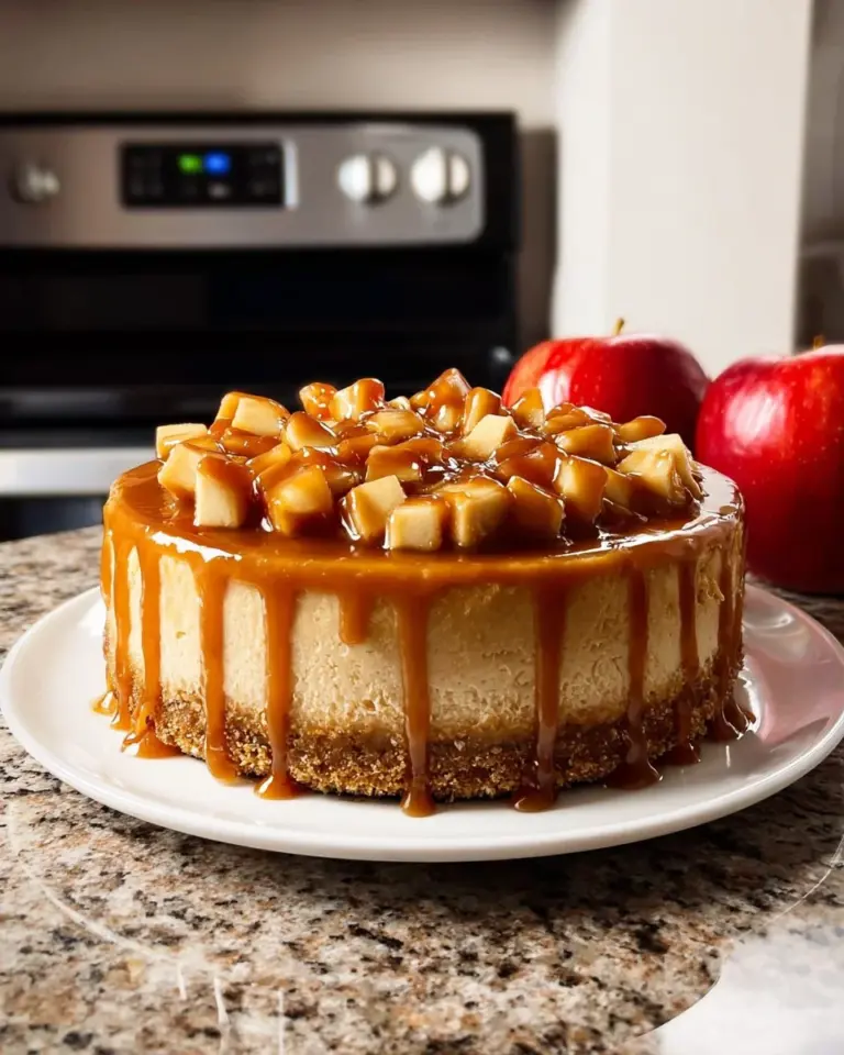 Delicious Caramel Apple Cheesecake topped with caramel drizzle and apple slices