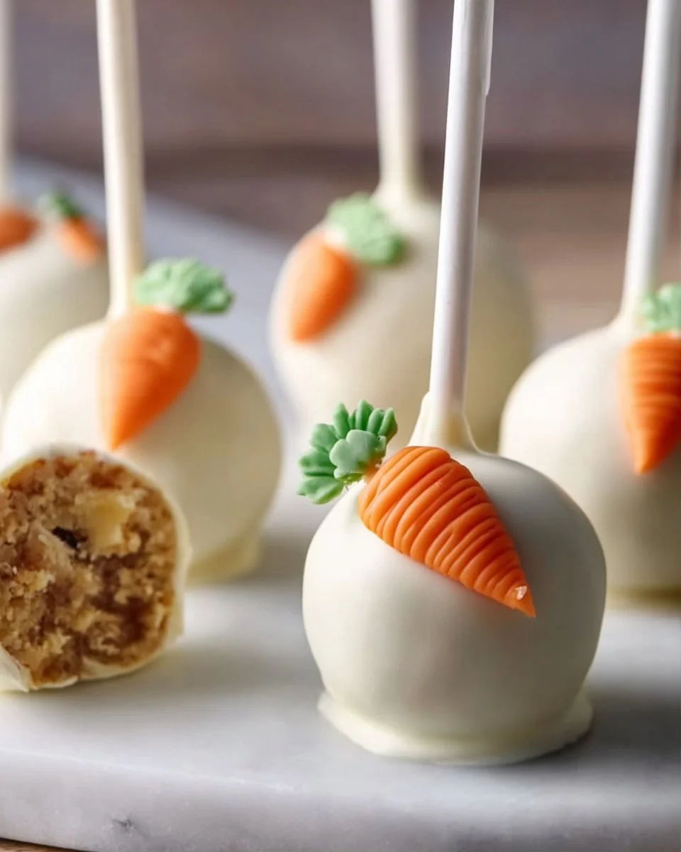 Delicious Carrot Cake Pops decorated with cream cheese frosting and sprinkles