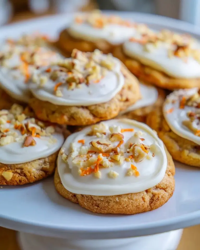 Delicious carrot cookies with cream cheese frosting on a plate.