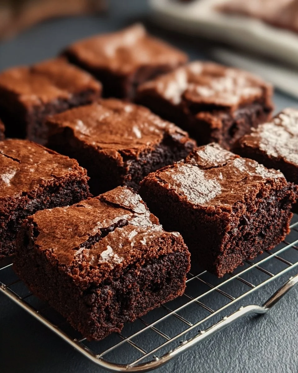 Delicious chewy chocolate brownies on a plate, topped with chocolate drizzle.