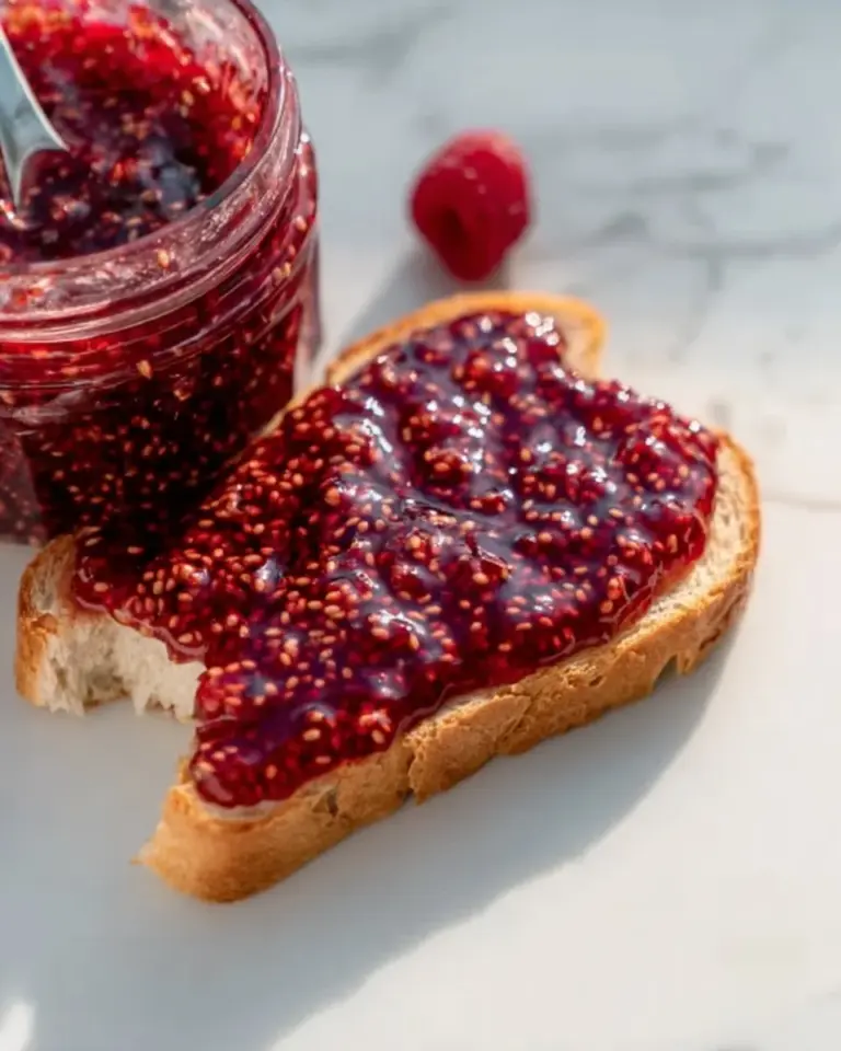 Homemade chia seed jam spread on toast with fresh fruit garnish