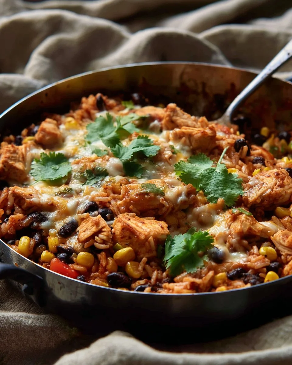 Chicken and Rice Taco Skillet topped with fresh ingredients in a skillet