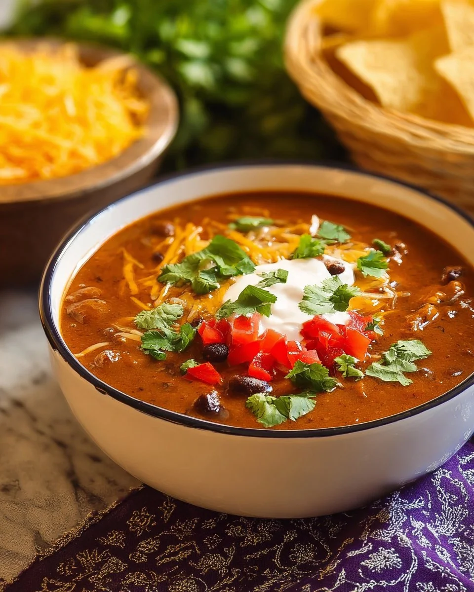 Bowl of Chicken Enchilada Soup topped with cheese and cilantro