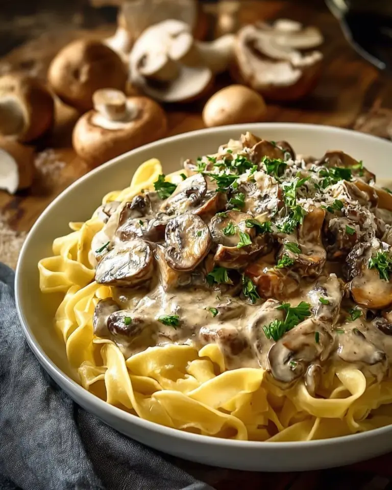 A delicious plate of Chicken Mushroom Stroganoff garnished with herbs.