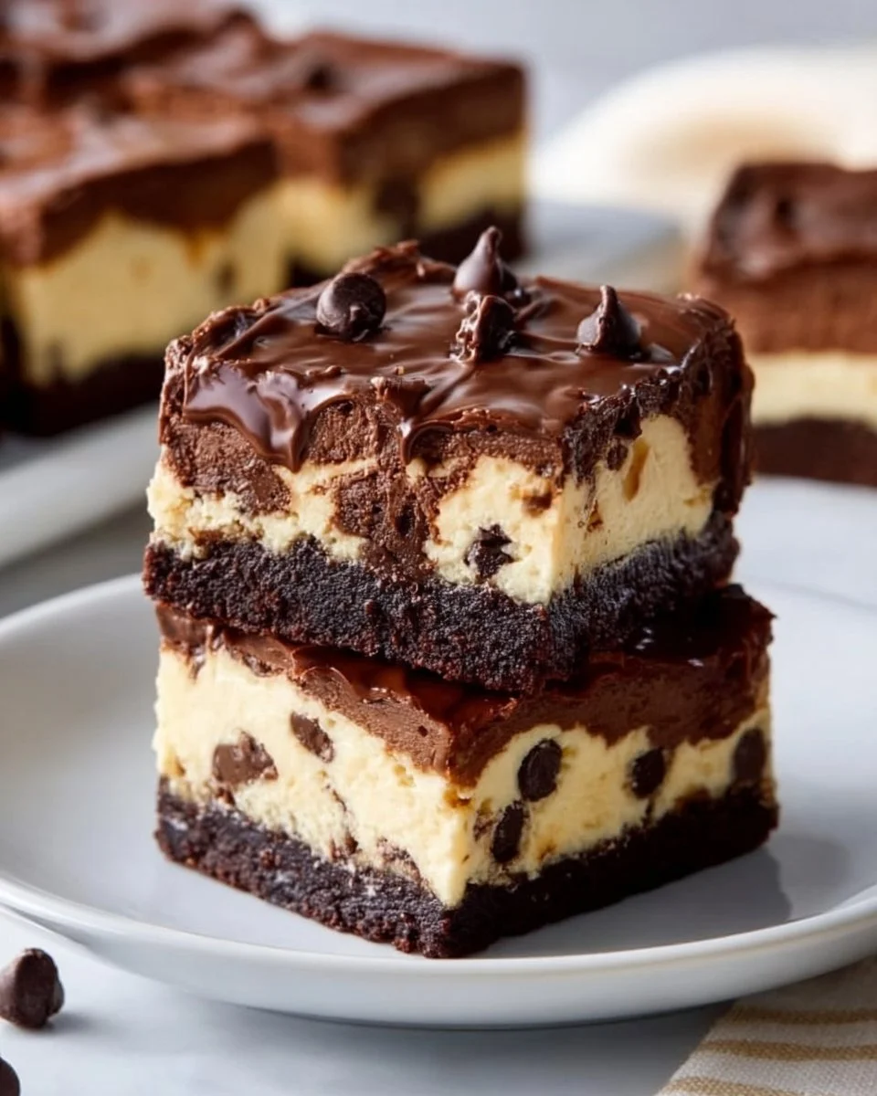 Chocolate chip cookie cheesecake bars on a grey marble surface