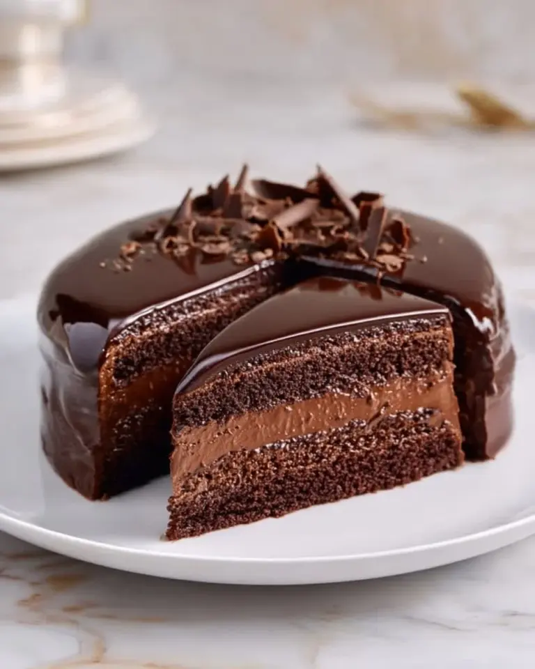Delicious Chocolate Sour Cream Cake topped with chocolate frosting and sprinkles.