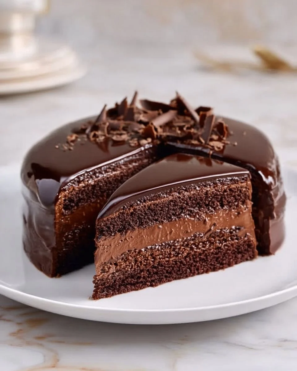 Delicious Chocolate Sour Cream Cake topped with chocolate frosting and sprinkles.
