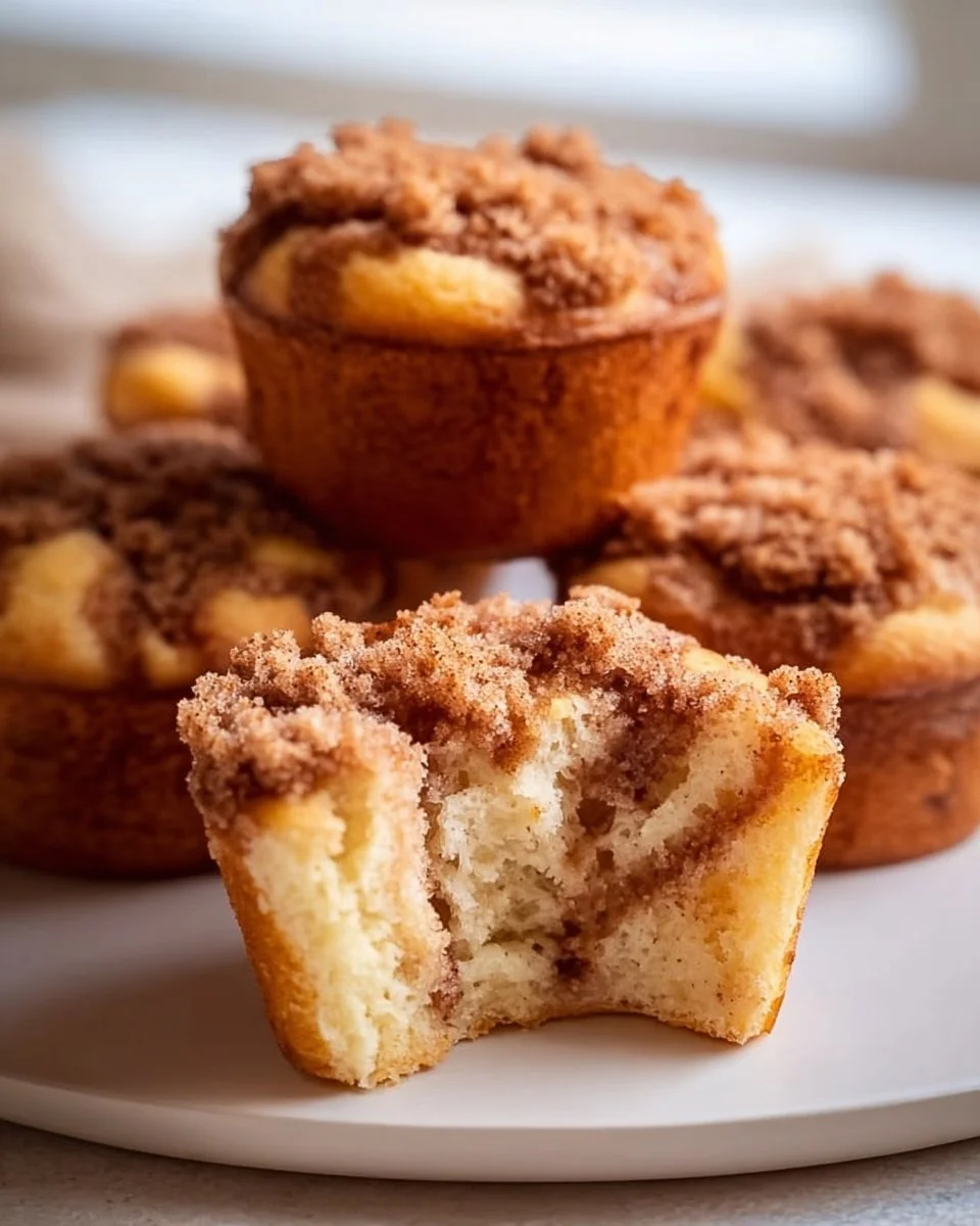Freshly baked coffee cake muffins topped with crumble and cinnamon.