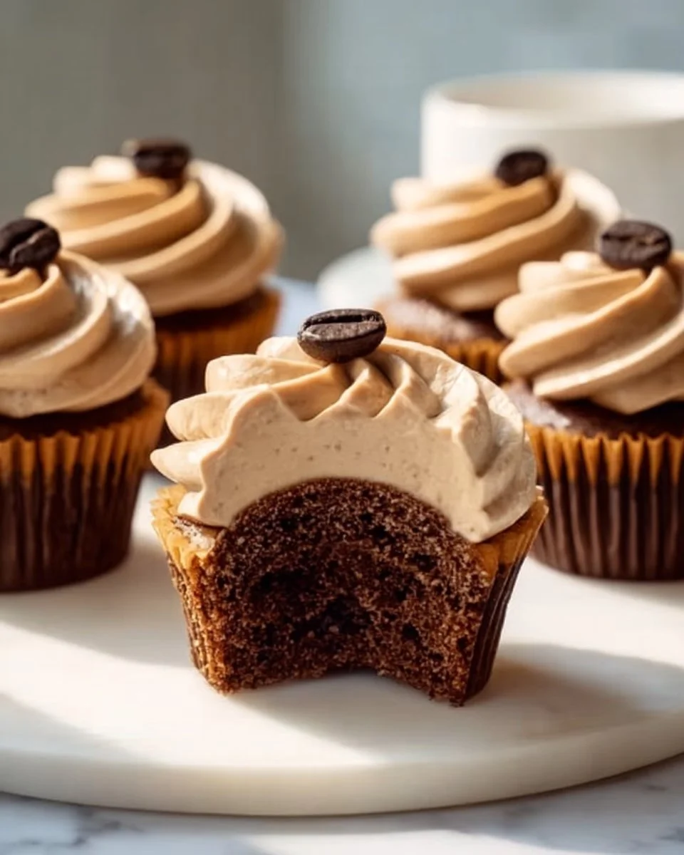 Delicious homemade coffee cupcakes with rich coffee frosting on a plate.