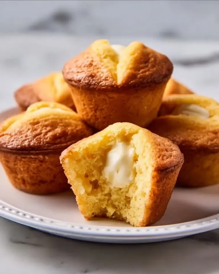 Freshly baked cornbread muffins with a sour cream center, served warm.