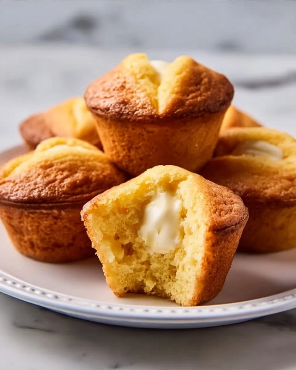 Freshly baked cornbread muffins with a sour cream center, served warm.