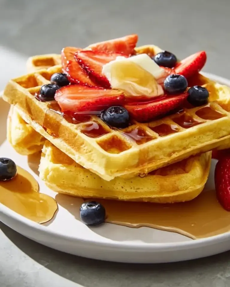 Fluffy cornbread waffles served with syrup and butter.