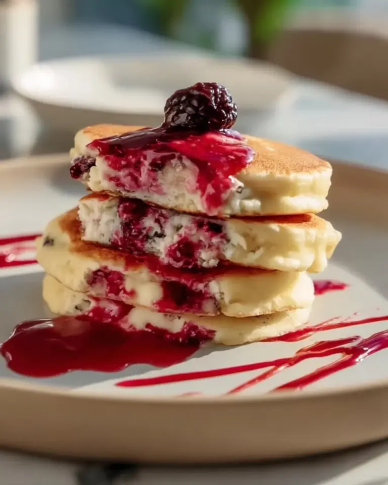 Fluffy cottage cheese pancakes served with syrup and fresh berries.