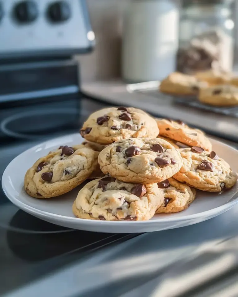 Freshly baked cream cheese chocolate chip cookies on a cooling rack
