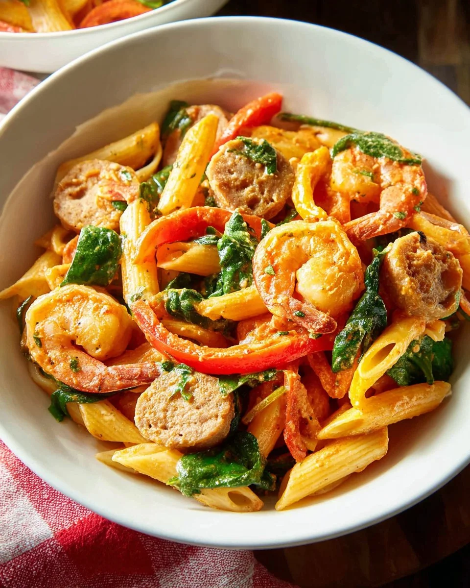 Creamy Cajun shrimp and sausage pasta dish garnished with herbs
