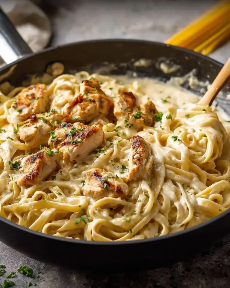 Creamy Chicken Fettuccine Alfredo served with parsley garnish