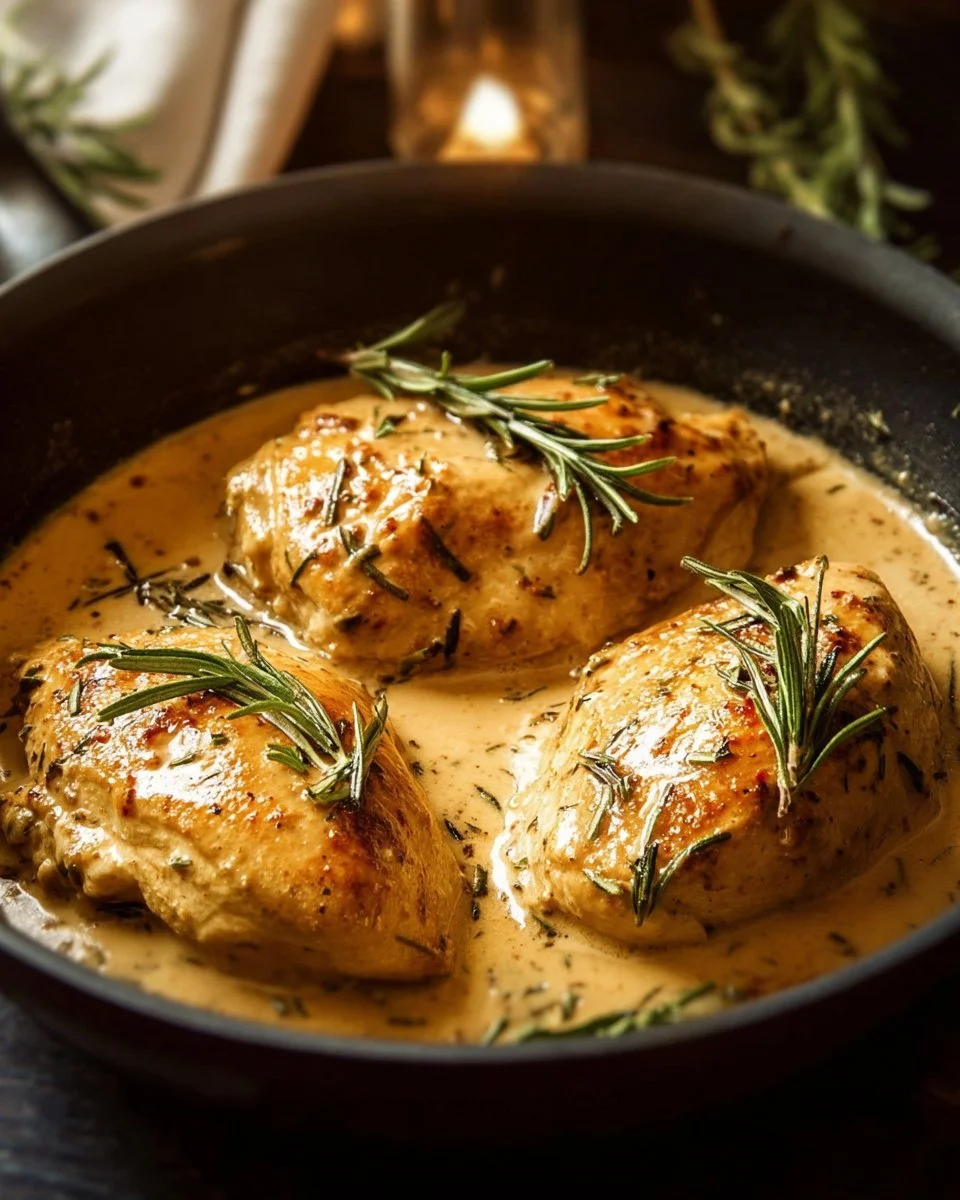 Creamy Dijon rosemary chicken served with herbs and vegetables