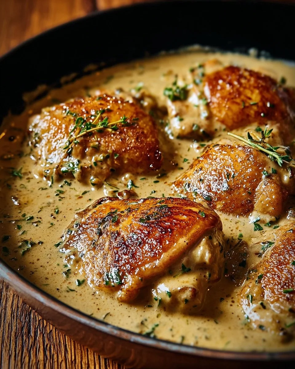 Creamy garlic chicken dish garnished with herbs in a white plate.