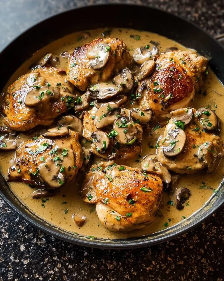 Creamy mushroom chicken dish served with a side of vegetables