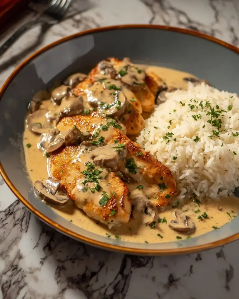 Plate of creamy mushroom chicken garnished with herbs