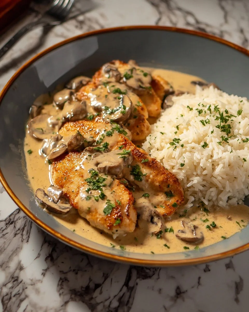 Plate of creamy mushroom chicken garnished with herbs